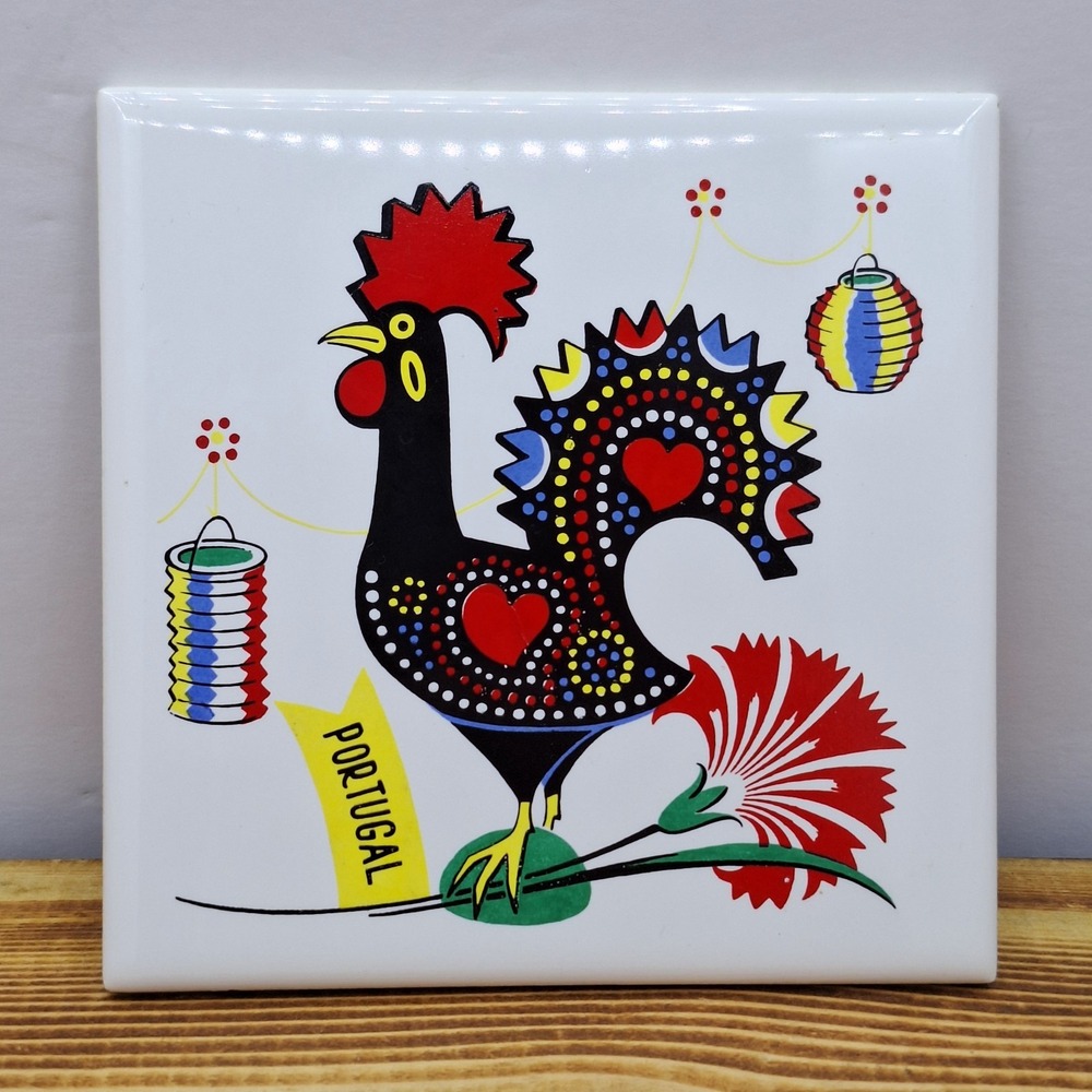 Vintage Outeiro Agueda Rooster w Hearts & Red Flower‎ Art Pottery Ceramic Tile –